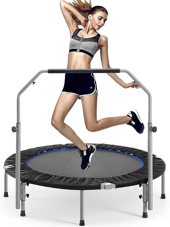 48" Foldable Mini Trampoline for Kids & Adults, Fitness Rebounder with 5-Level Adjustable Foam Handle, Max Load 450 lbs, Indoor/Outdoor Exercise Trampoline for Home Workouts (Silver)