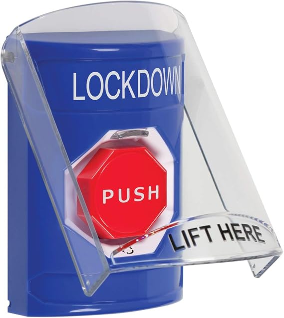Safety Technology International, Inc. SS2429LD-EN Stopper Station Push Button with Stopper Station Shield, Turn-to-Reset, Blue, Lockdown Label