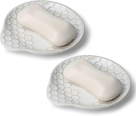 Ceramic Soap Dish Set of 2, Soap Holder, Soap Saver Tray (Vintage White)