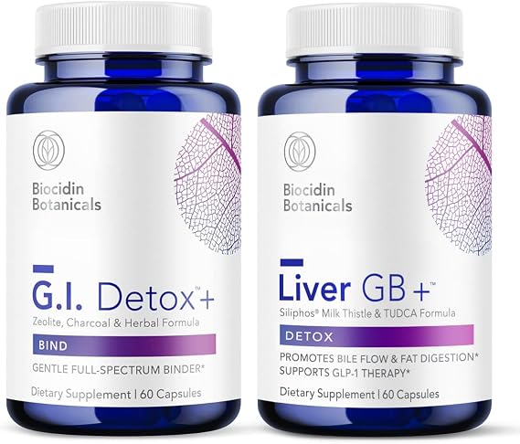 Biocidin G.I. Detox+ Gentle Binder & Liver GB+ Gallbladder Liver Support - Help Optimize Toxin Removal & Fat Digestion - Activated Charcoal, Zeolite, TUDCA & Bitter Herbs (2 Products)