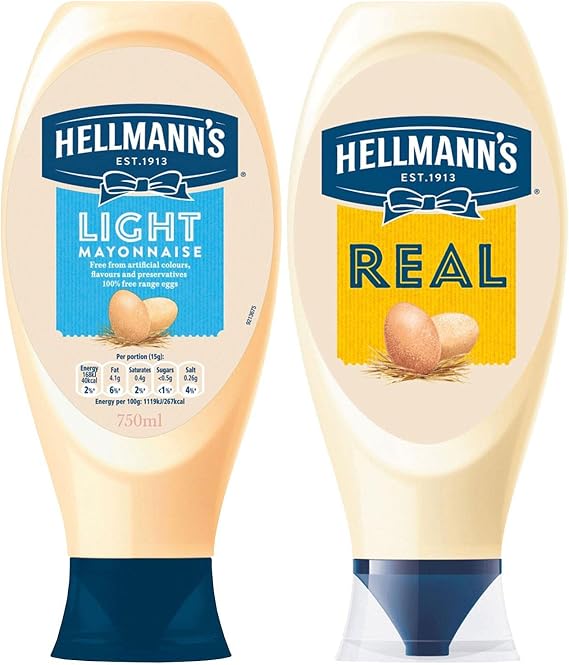 Bundle of Hellmann's Real Mayonnaise, 750ml Squeeze Bottle and Light Mayonnaise 1 of Each Squeezy Bottle, 750ml Free from Artificial Colours and Preservatives