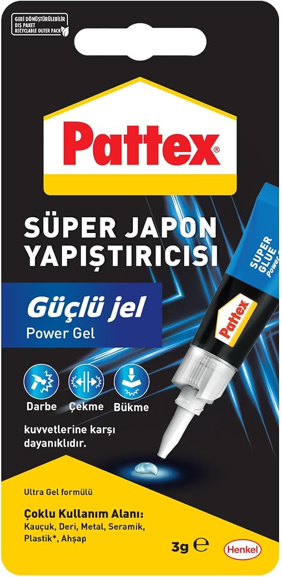 Pattex Süper Japon Yapıştırıcısı Güçlü Jel, Siyanokrilat bazlı, hareketli yüzeylere uygun, çok amaçlı, anında güçlü tutuş sağlayan hızlı yapıştırıcı, 3g