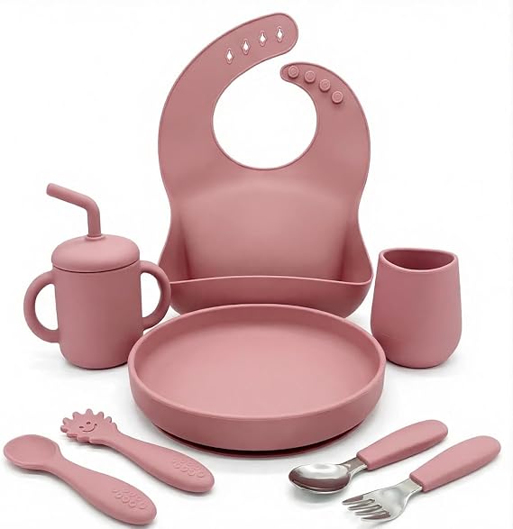 Silicone Baby Feeding Set BPA-Free Food Grade Silicone, Suction Plate, Bib, Training Cup & Utensils for Baby Led Weaning 6+ Months, Dishwasher Safe Baby Eating Essentials 9pcs
