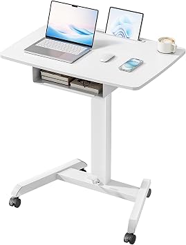 PEGZONE Mobile Desk Workstation- 31.5' X 22' Extend Sanding Desk for Classroom, Height Adjsutable up to 44.3' Mobile Laptop Table with Wheels, Moveable Laptop Cart, Teacher Podium with Drawer, White