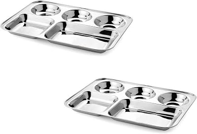 Khandekar Stainless Steel 5 Compartment Rectangular Dinner Plates With Good Depth - Silver, Pack of 2