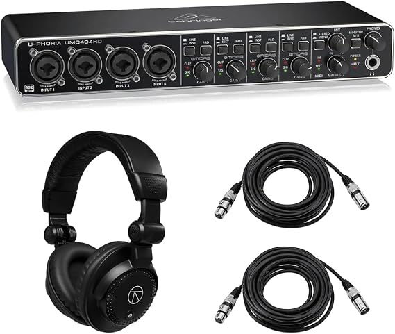 Behringer U-PHORIA UMC404HD - USB 2.0 Audio/MIDI Interface, Bundle With Turnstile Audio Headphones, 2x XLR M to F Cable 25'