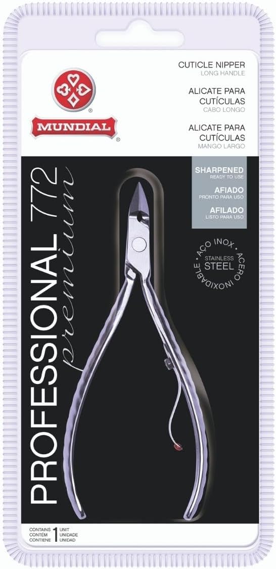 Professional Cuticle Nipper Mundial 772 PR - Brazilian Manicure Quality Long Handle Stainless Steel Trimmer Cutter for Fingernails and Toenails
