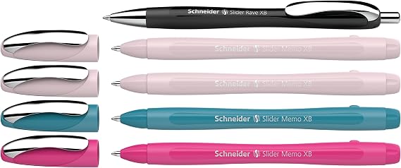 Schneider Limited Edition Slider Memo XB + Slider Rave XB (Extra Broad) Ballpoint Pens, 1.4 mm, Special Assortment Barrels, Blue Ink, Promo Box of 5 Pens (150255)