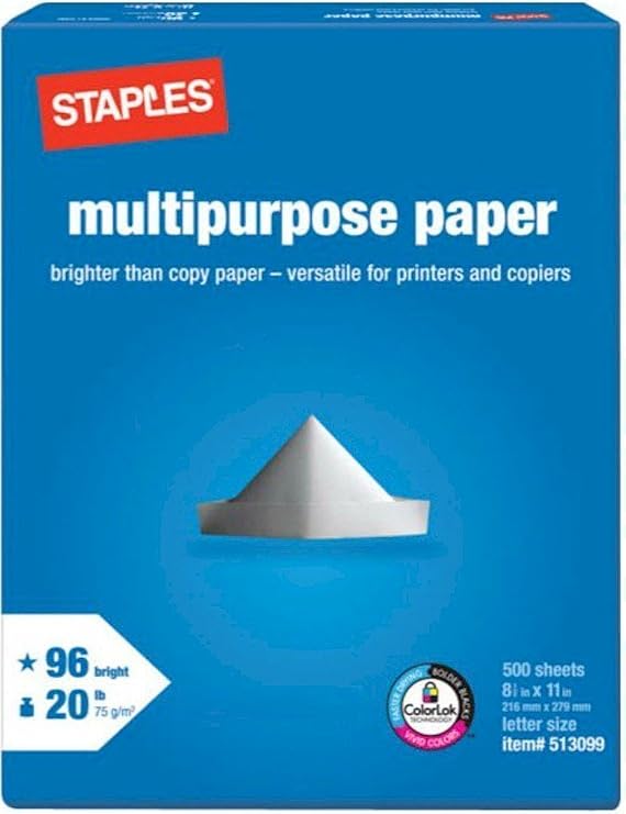 Staples Multipurpose Laser Inkjet Printer Paper, Bright White, 500 Sheets, 8 1/2" X 11"