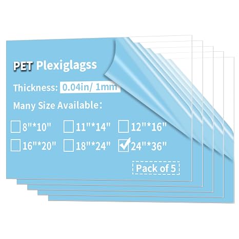 5 Pack 24x36"" PET Sheets 0.04"" Thick PET Plexiglass Sheets Panels for Photo Frames, Poster Frames, Signs, Railing Guards, Pet barriers, DIY Craft Projects