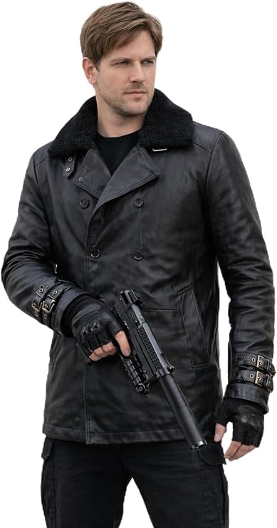 RE9 Leon Kennedy Leather Jacket Mens Black Fur Collar Double Breasted Long Leather Coat