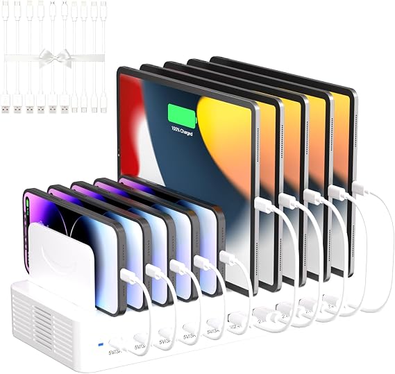 100W Charging Station for Multiple Devices, 10-Port USB Fast Charger, White