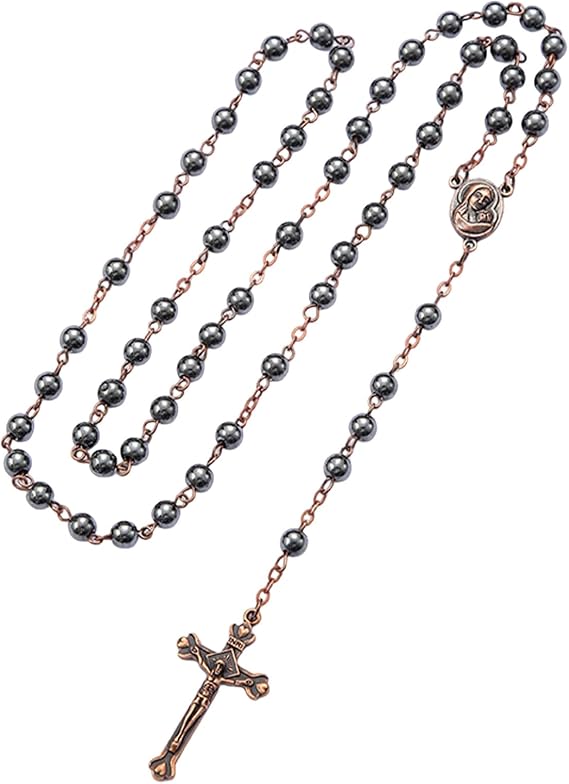 6mm Black Beads with Antique Copper Plated St.Benedict Center Piece Medal and Crucifix Cross Catholic Rosary Necklace for Men and Women (Black Gold)