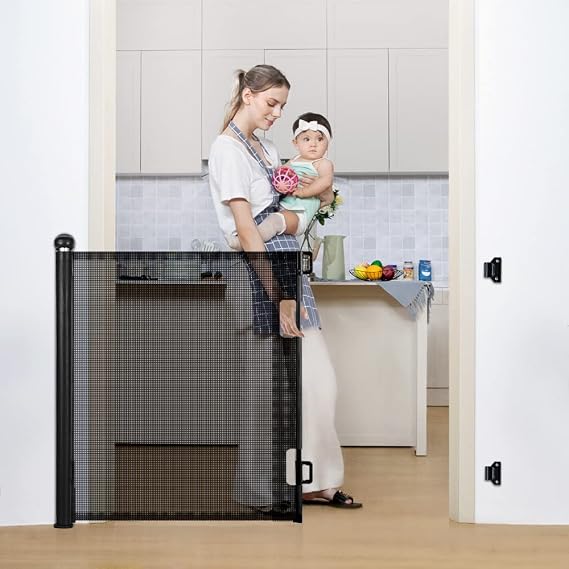 COMOMY Retractable Baby Gate for Stairs, 0-71" Mesh Dog Gate for House Doorways Hallways, 33" Tall Extra Wide Child Safety Gate for Kids Pets, Indoor and Outdoor (Black) | 33" Tall Extra Wide Child Safety Gate for Kids Pets, Indoor and Outdoor (Black)