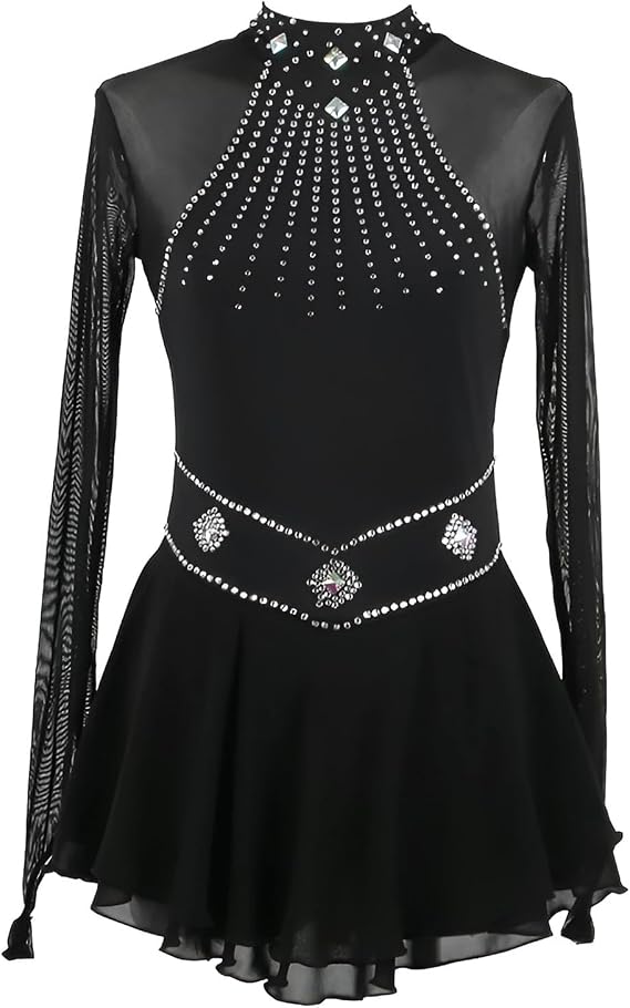 Figure Skating Dresses for Women, Teen Girls's Long Sleeved Mesh High Elasticity Competition Ice Skating Dress