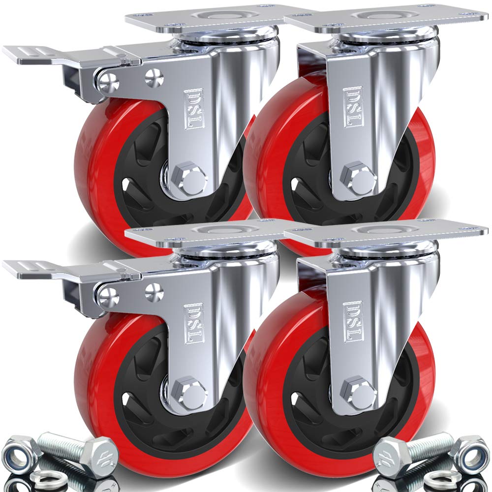 DSL 4 x Heavy Duty 2 Castor with 2 Braked Double Bearing 100mm Swivel Castor Wheel Trolley Furniture Caster 700KG  Free Bolt Fitting