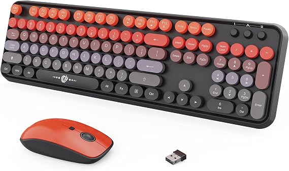 Wireless Keyboard and Mouse Combo, 2.4G USB Cordless Round Keyboard and Mouse for Laptop Computer TV (102 Keys Black Orange)