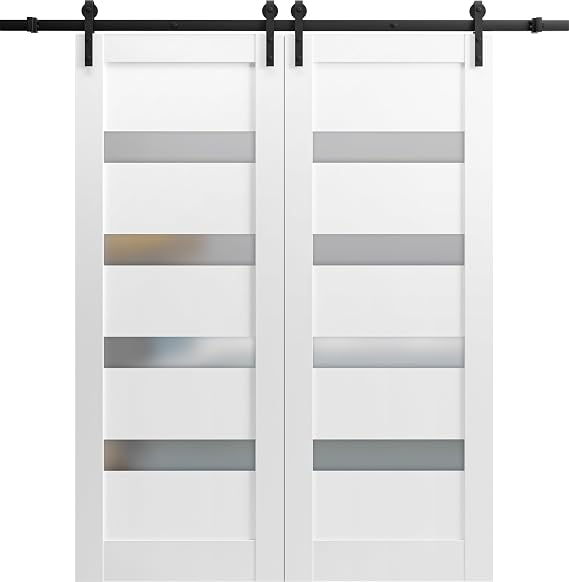 Sliding Double Barn Doors 72 x 80 with Hardware | Quadro 4113 White Silk with Frosted Opaque Glass | 13FT Rail Sturdy Set | Kitchen Lite Wooden Solid Panel Interior Bedroom Bathroom Door