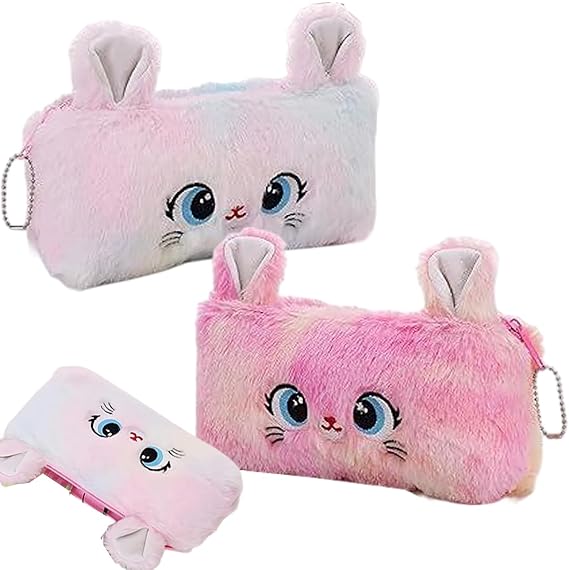 2-Pack Plush Cat Pen Cases - Soft Fluffy Desk Organizer in Pastel Pink & Rose Pink, Aesthetic Stationery Holder for Adult Collectors, Office & Home Decor