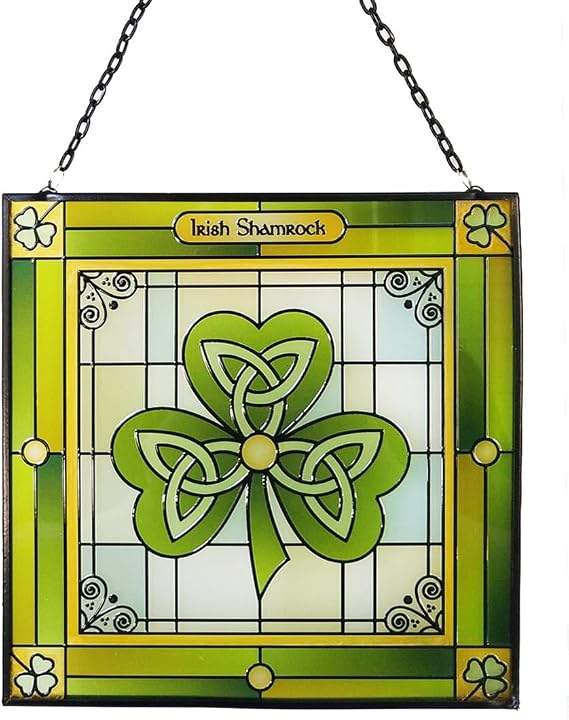 Royal Tara Shamrock Stained Glass Window Hang Suncatcher Square Irish Handcrafted House Decor Housewarming Gift 6.3"