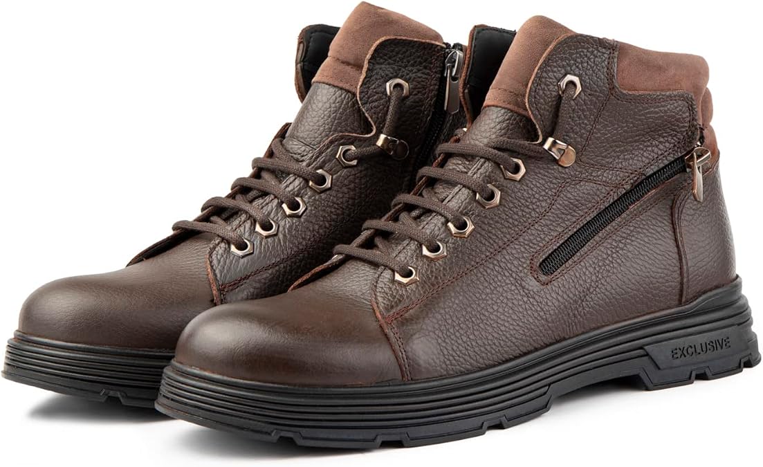Ankle Genuine Leather Lace Rubber Base Men's Boots, Zippered Boots