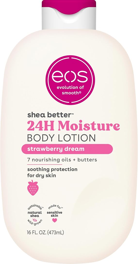 eos Shea Better Vücut Losyonu - Çilek Rüyası, 24 Saat Nem Cilt Bakımı, Hafif ve Yağsız, Doğal Shea ile Yapılmıştır, Vegan, 16 fl oz