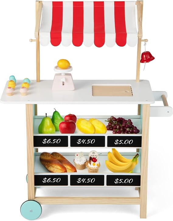 GLACER Ice Cream Cart for Kids - Wood Grocery Store Pretend Play with Making Counter, Produce Scale, Chalkboard, Bell, Wheels, Canopy, Portable Ice Cream Stand for Boys Girls (Red)