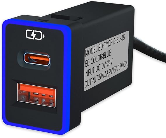 Car Charger PD QC3.0 Fast Charging Type c USB Port Socket,with LED Light Show for Toyota Compatible with Smart Phone,Tablet,and USB Device More.(Blue-1.3x0.9inch)