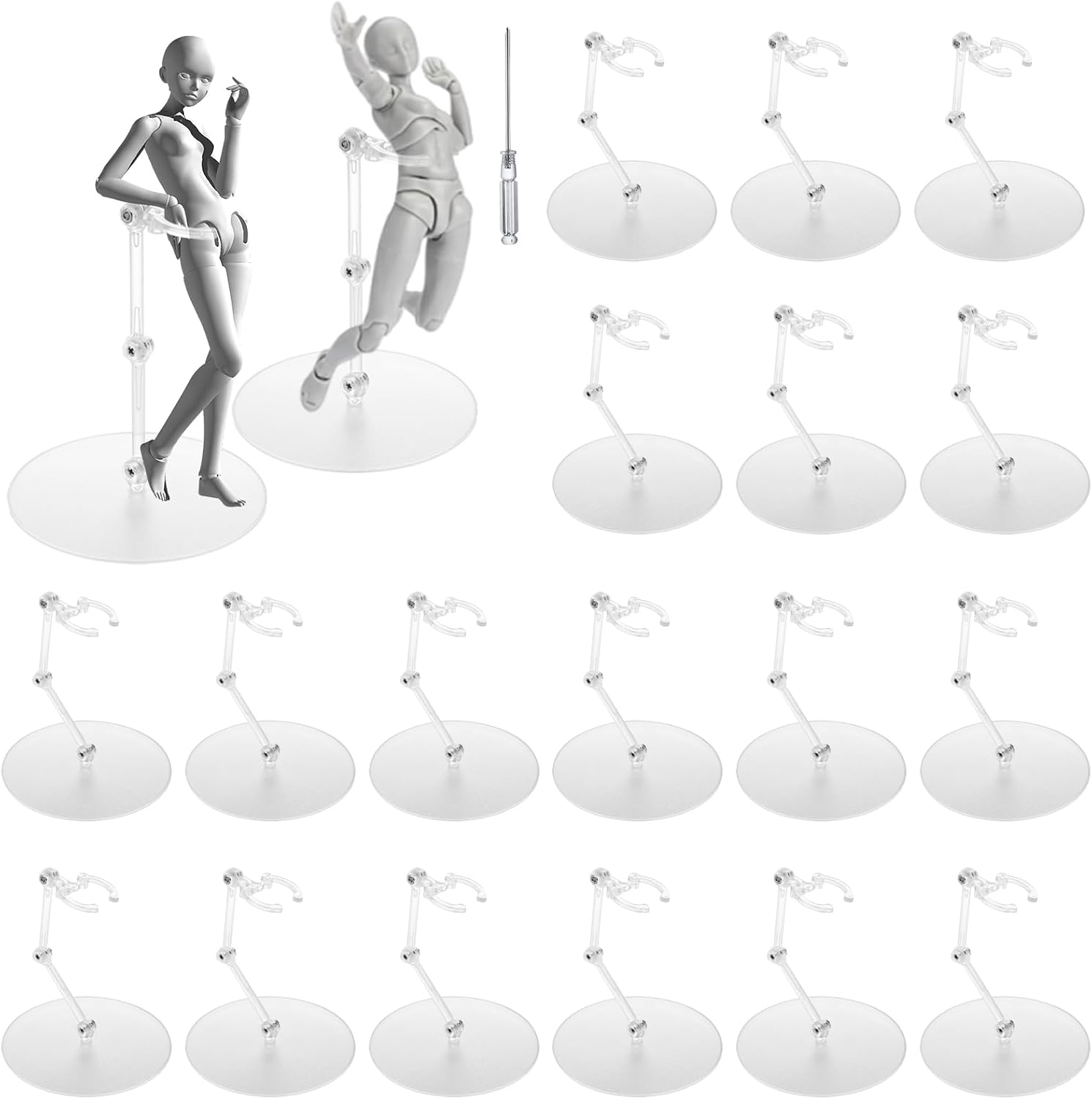 20 PCS Action Figure Display Stand, Assembly Action Figure Display Holder Base with 2pcs Screwdriver, Clear Action Figure Stand Doll Accessories Compatible with Gundam Hg/Rg 1/144 (Round)