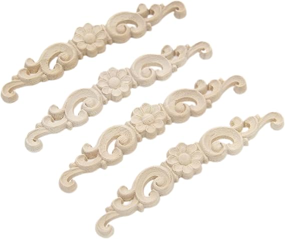 Wood Carved Applique, 4 Pack, 6.3x1.18in Decorative Wood Trim, Furniture Decor Decal, Unpainted