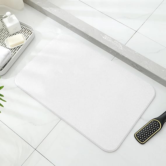 Stone Bath Mat Quick Dry, Diatomaceous Earth Bath Mat Non Slip Absorbent Floor Mat, Diatomite Stone Drying Mat for Bathroom  with Non-Slip Pad and Sandpaper (White, 24" x 15.5" x 0.4")
