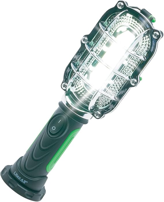 LitezAll LED Classic Style Hand Light | 500 Lumen Battery Operated Mechanic Drop Light | Magnetic Base & Hanging Hook | Cordless Portable Trouble Work Light for Garage & Auto Repair | AA Included