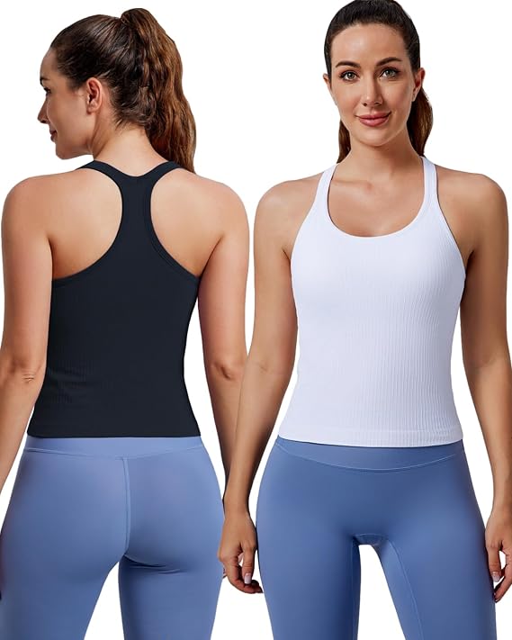 Women's Workout Tank Tops, with Built in Bra Racerback Seamless Crop Tops | Removable Pads, 1/2/3 Pack, A-D Cup, High Support, Wireless, Full Coverage, Camisole Sport Tanks, for Yoga Gym Exercise Daily