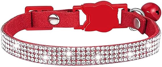 Rhinestones Dog Cat Collars with Bell Bling Pet Puppy Collars with Soft Velvet Crystal Collars Girl Jeweled Necklace (Red)