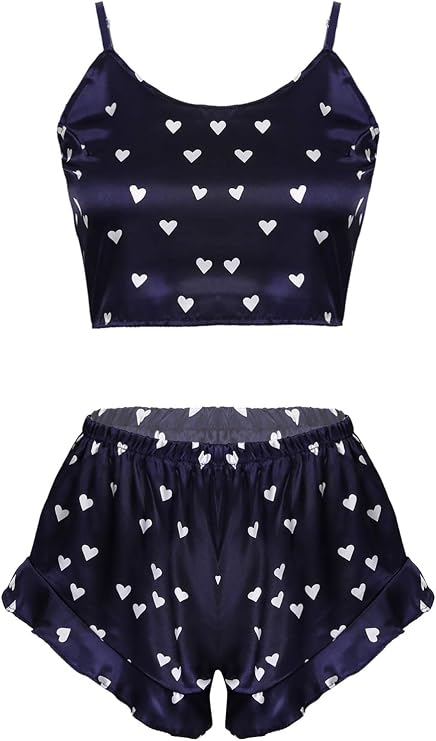 Moily Womens Sexy Lingerie Pajama Set Heart Print Crop Camisole Top Ruched Shorts Sleepwear Loungewear