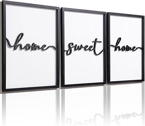 3D Wood Home Sweet Home Wall Art, Modern Home Sweet Home Sign for Large Living Room Wall Decor(Ready to Hang, Set of 3, 12x16 Inch, Framed)