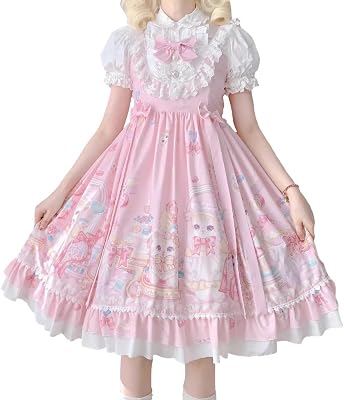 Sweet Lolita Dresses for Teens Japanese Kawaii Kawaii Printed Lace Sleeveless Dress Casual High Waist Cosplay Party Dress