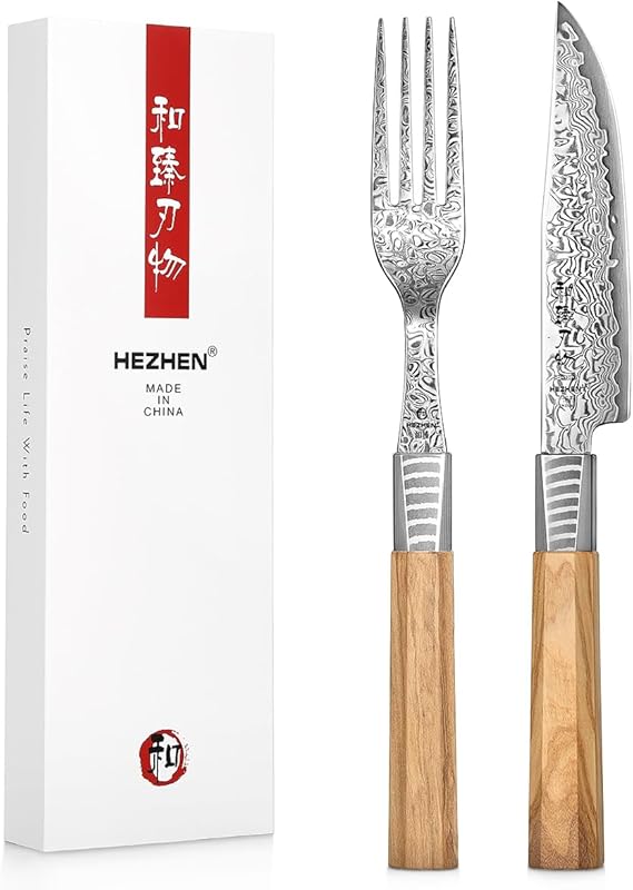 HEZHEN Steak Knife Set of 2, Non-serrated Blade, 67 Layers Damascus Steel Steak Knife with Fork, Luxury Dinner Knife and Fork Set for Gift, Octagonal Olive Wood Handle