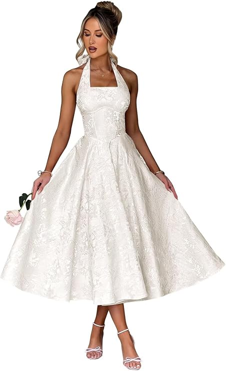Tianzhihe Floral Jacquard Satin Prom Dresses for Women Halter Bow A Line Midi Length Formal Dress with Pockets 2026