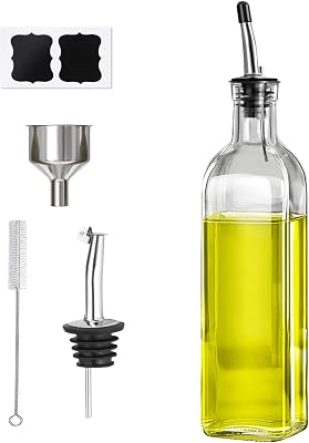 Olive Oil Dispenser Bottle, 1 Pcs Glass Oil and Vinegar Dispenser Set with 2 Stainless Steel Pourers, 2 Labels,1 Brush and 1 Funnel Oil Bottles for Kitchen 17oz500ml