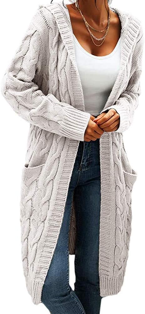 Women's Cable Knit Long Sleeve Sweater Cardigan Open Front Long Cardigans Pocket Hooded Casual Outwear