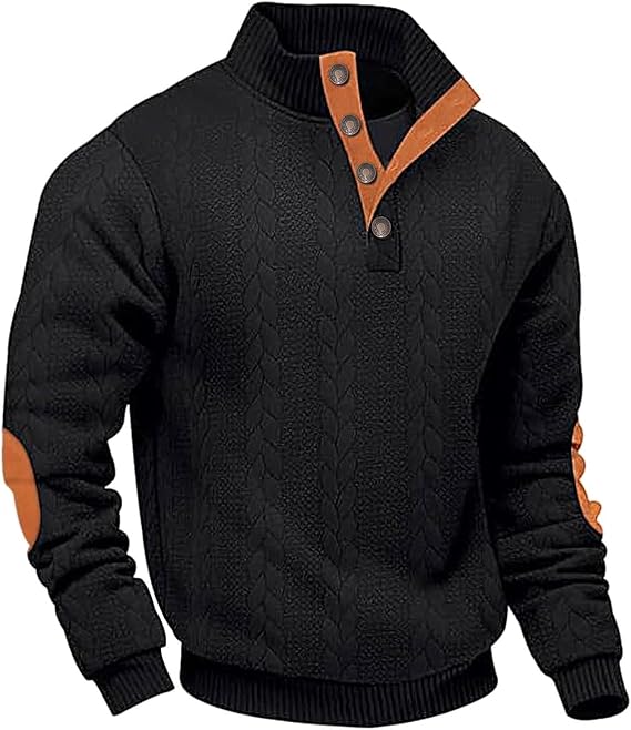 Men's Cable Knit Pullover Sweater Casual Long Sleeve Stand Collar Quarter Button Knitted Sweatshirts Quilted Sweatshirt
