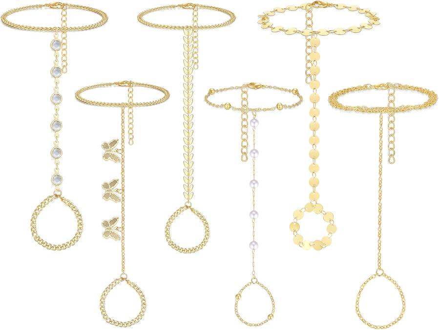 6 Pcs Hand Chain Ring Bracelets for Women, Adjustable Jewelry Set | 14K gold-plated finish, dainty adjustable wrist-to-finger styling; suited to beaches, festivals, weddings, brides and gifting