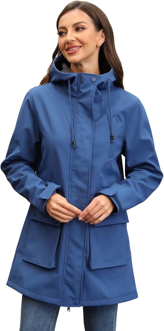 CHIGUO Womens Waterproof Softshell Jackets Warm Fleece Lined Coats with Hood Long Rain Jacket