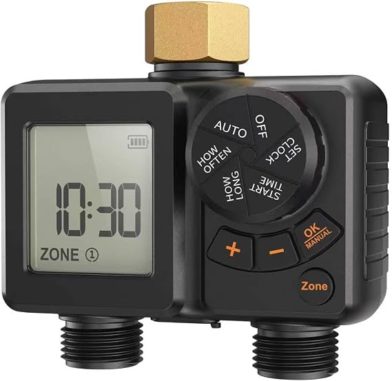Sprinkler Timer 2 Zone,Water Timer for Garden Hose with Lithium Battery Hose Timers with Brass Inlet, Delay/Manual/Automatic Sprinkler Controller for Yard, Lawn,Garden IPX6 Waterproof