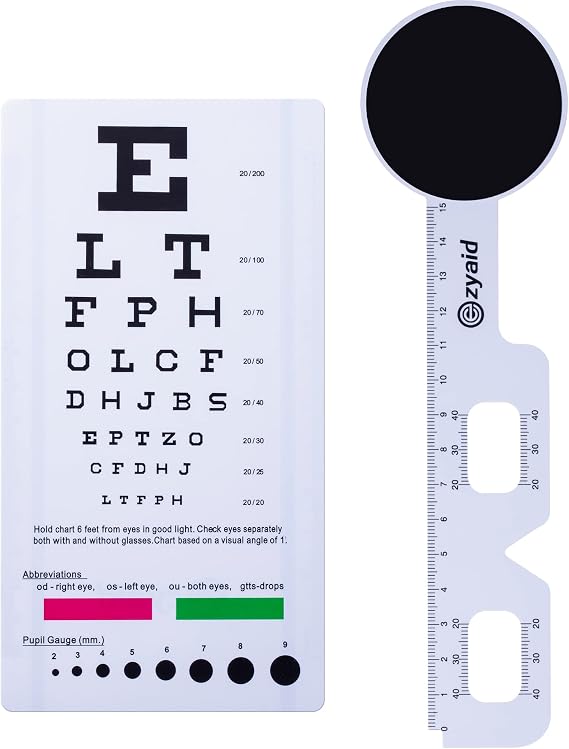 Ezyaid Snellen Eye Chart with Eye Occluder & Built-in PD Ruler | Visual acuity testing, 6 ft viewing distance, distance vision exam, portable diagnostic tool, home or clinic use