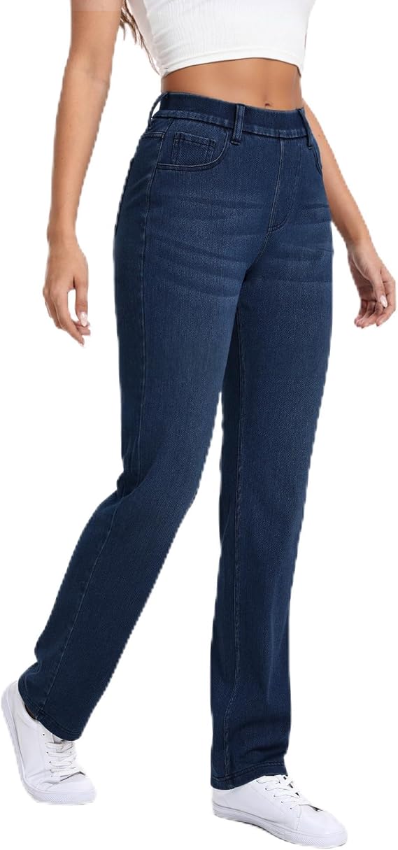 Women's Straight Leg Jeans Stretch Sweatpant Jeans Pull on High Waisted Comfort Soft Denim Pants