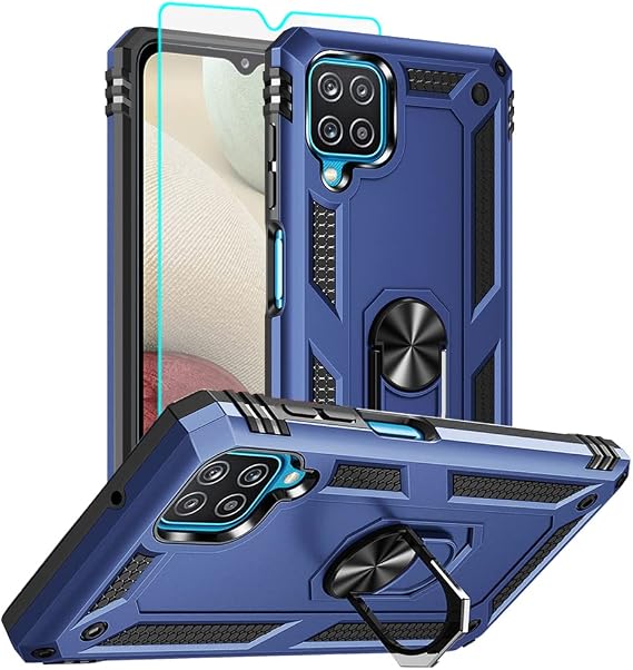 for Samsung Galaxy A12 Phone Case, Samsung A12 Case with HD Screen Protector, [Military Grade 16ft. Drop Tested] Ring Shockproof Protective Phone Case for Samsung Galaxy A12