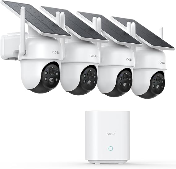 aosu Security Cameras Outdoor Wireless, 4 Cam-Kit, No Subscription Required, Solar-Powered, Home Security Cameras System with 360 Pan & Tilt, Auto Tracking, 2K Color Night Vision, Easy Setup