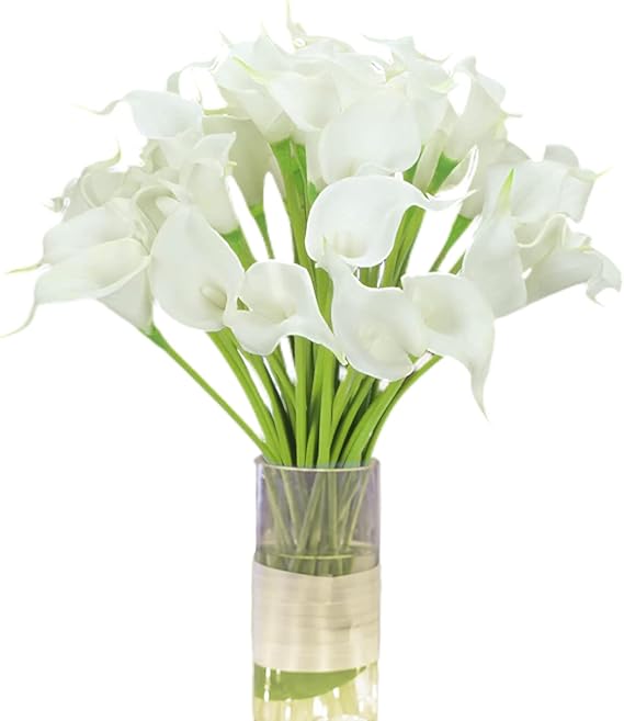 24Pcs Real Touch Artificial Calla Lilies Flowers - Latex Bloom with Soft PU Stem, Elegant Bridal Wedding Decor, Home Party Office Floral Arrangement, DIY Fake Flower Centerpiece (White)